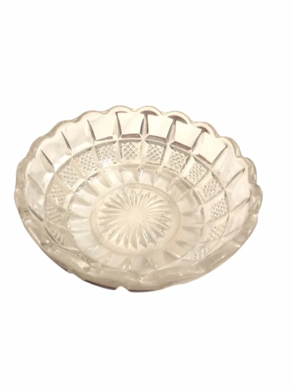 Antique EAPG Diamond Panel Uranium Glass Nappy Dish – Starburst Base – c.1890